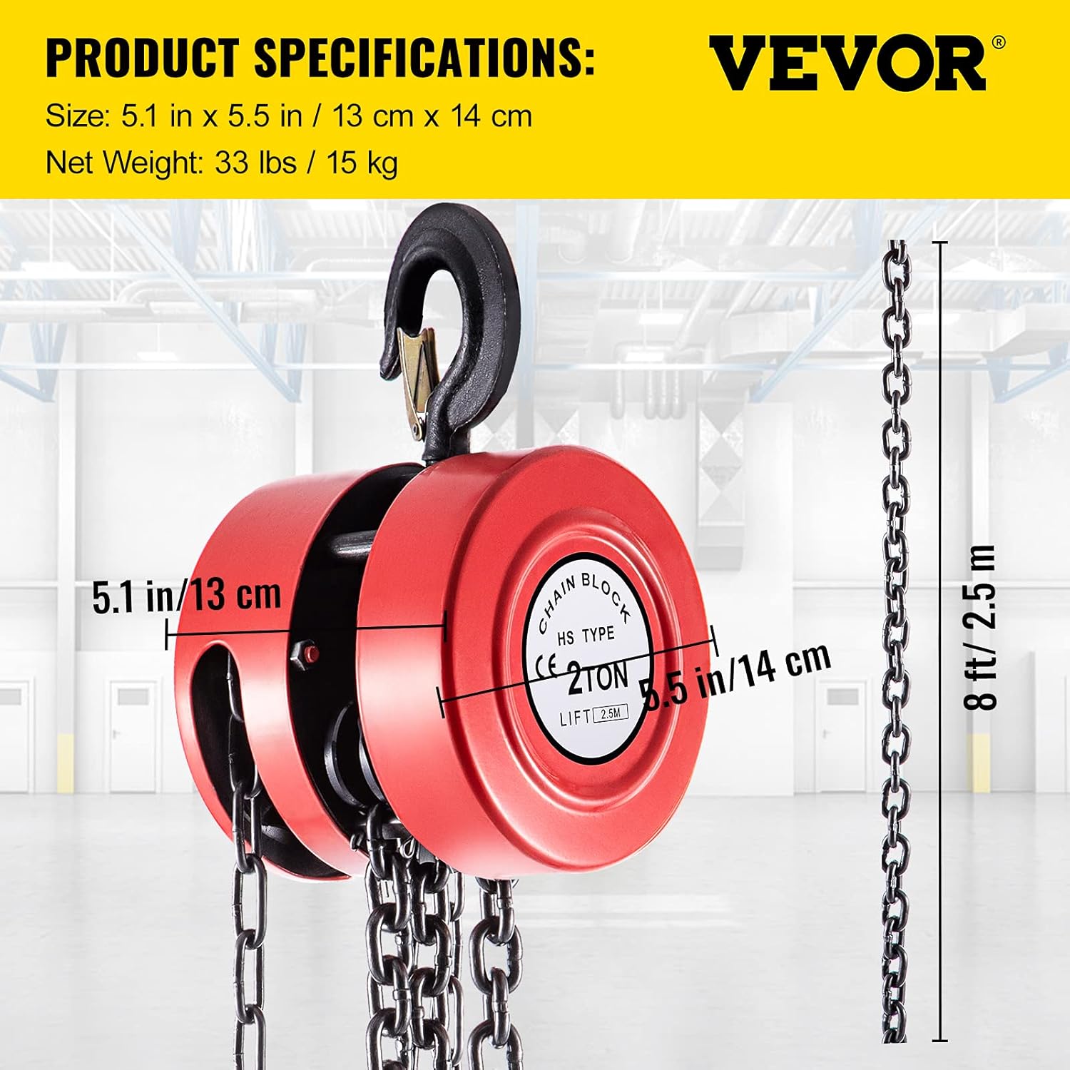 Red Pack of 2 Manual Hand Chain Hoist, 2 Ton Capacity, 8ft Lift F794020