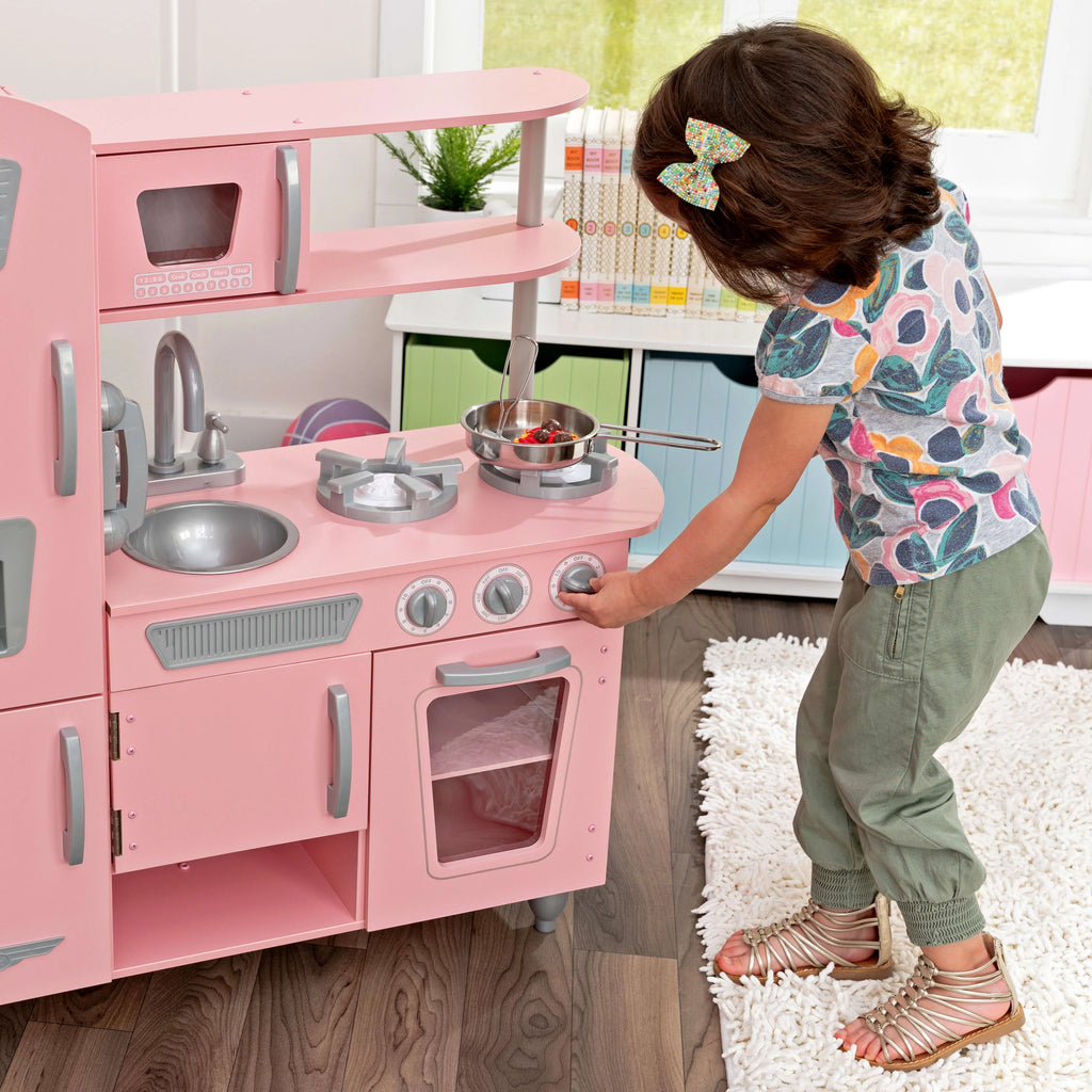 Pink Wooden Play Kitchen with Pretend Ice Maker and Play Phone J86006