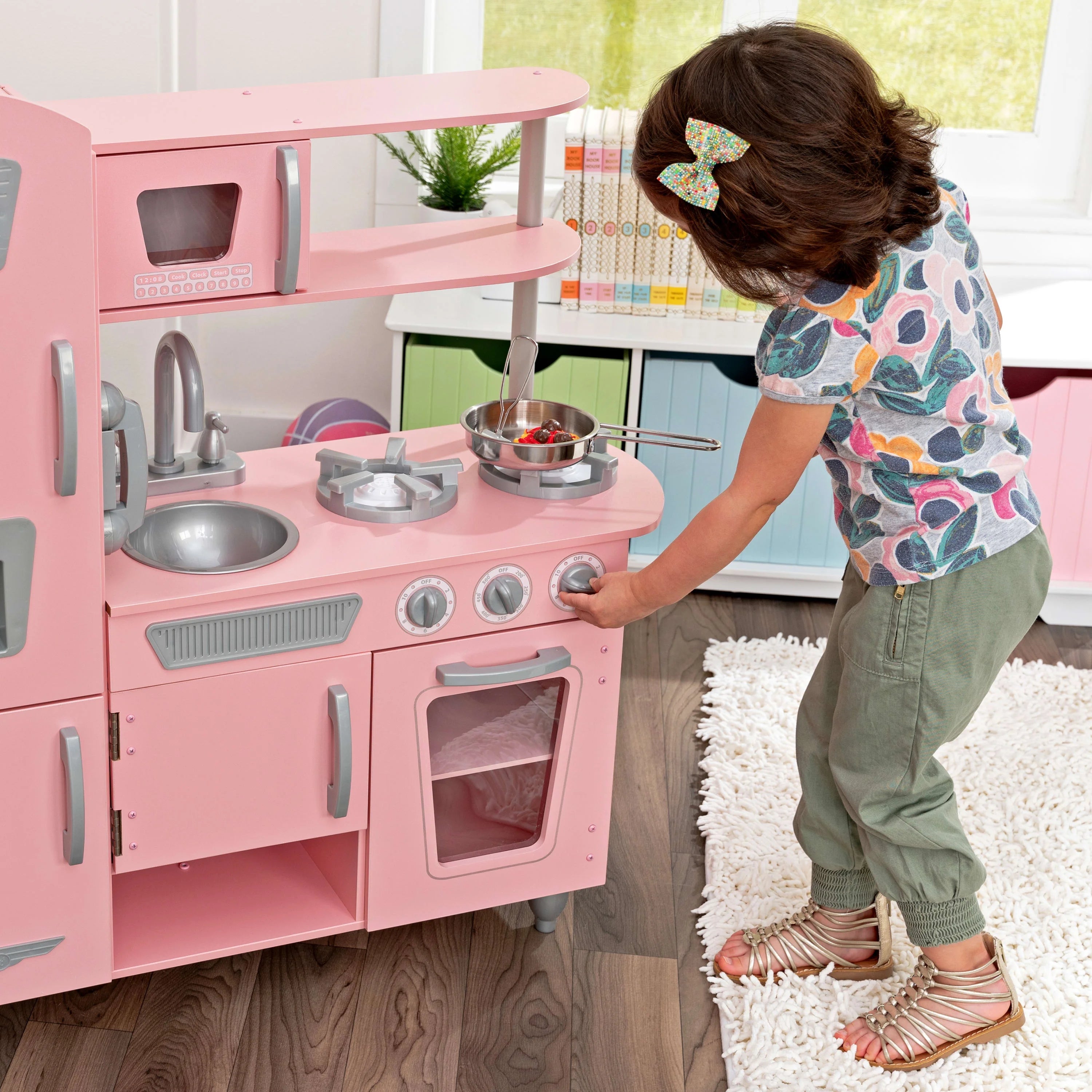 Pink Wooden Play Kitchen with Pretend Ice Maker and Play Phone J86006
