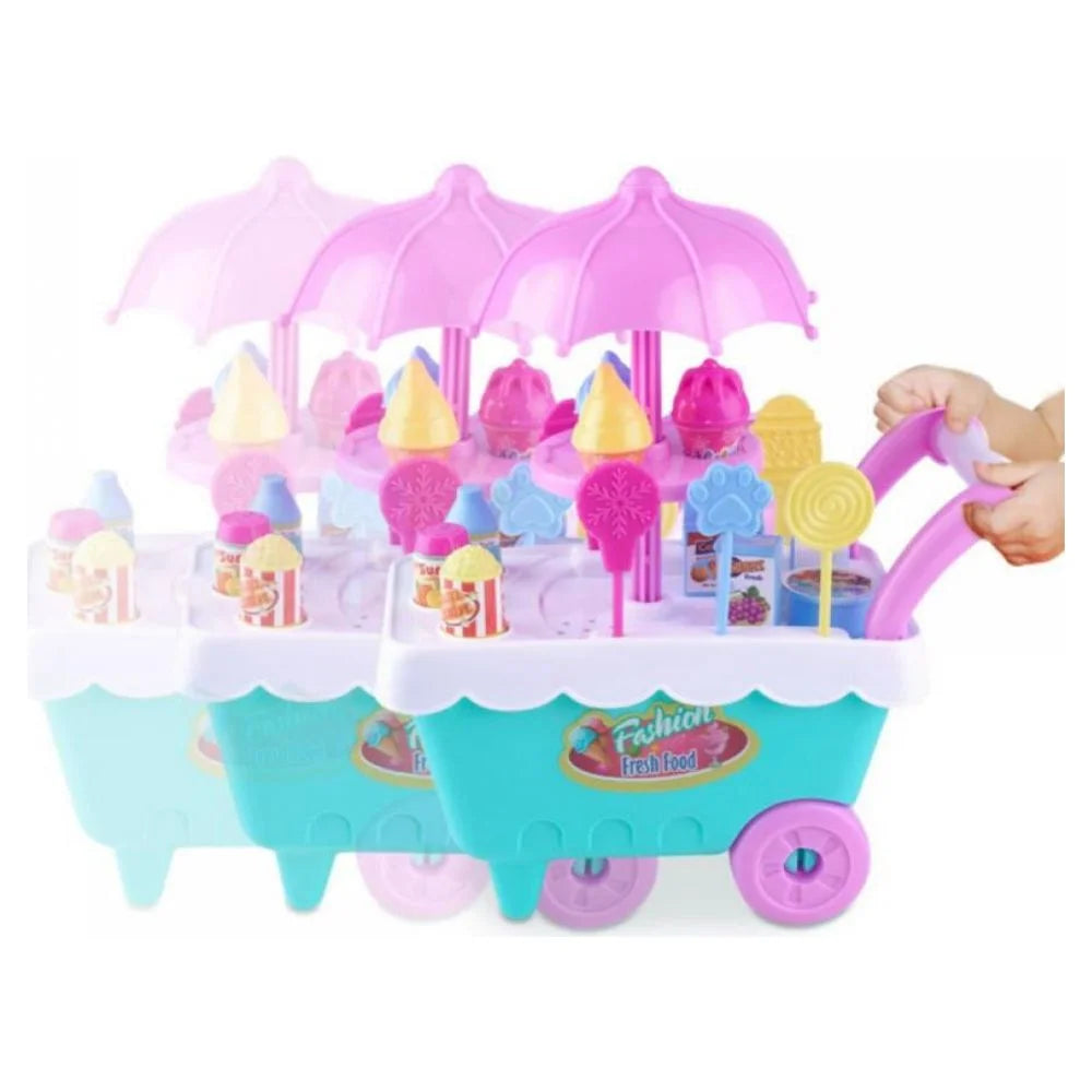 16 Piece Ice Cream Cart Toy Set with Umbrella Food Dishes X46709