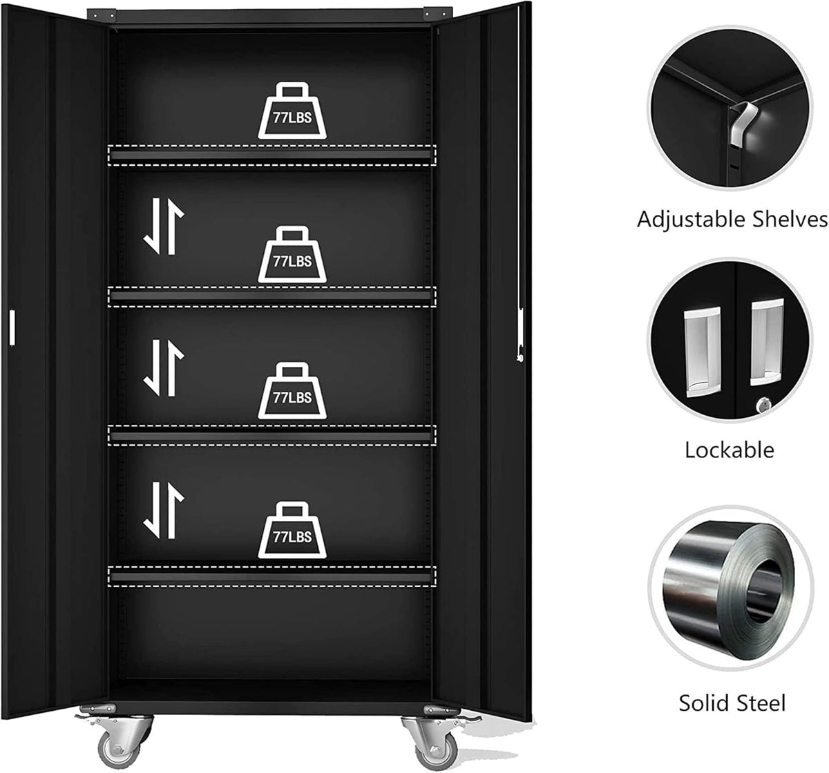 Black Metal Storage Cabinet with Wheels, 72 Inches I9021